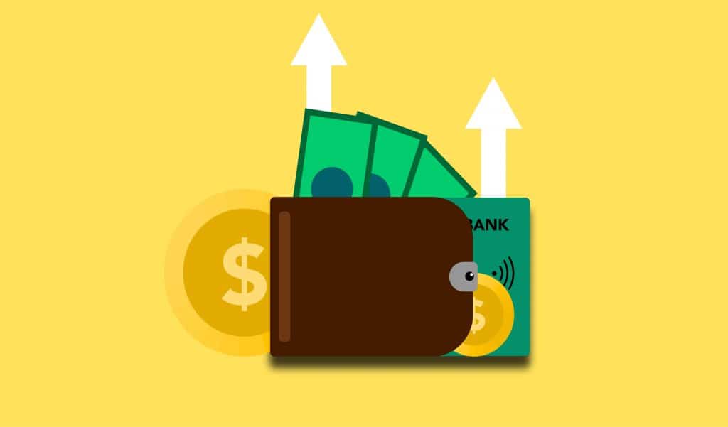 Illustration of a wallet with cash and a credit card inside and arrows pointing upwards from out of the wallet.